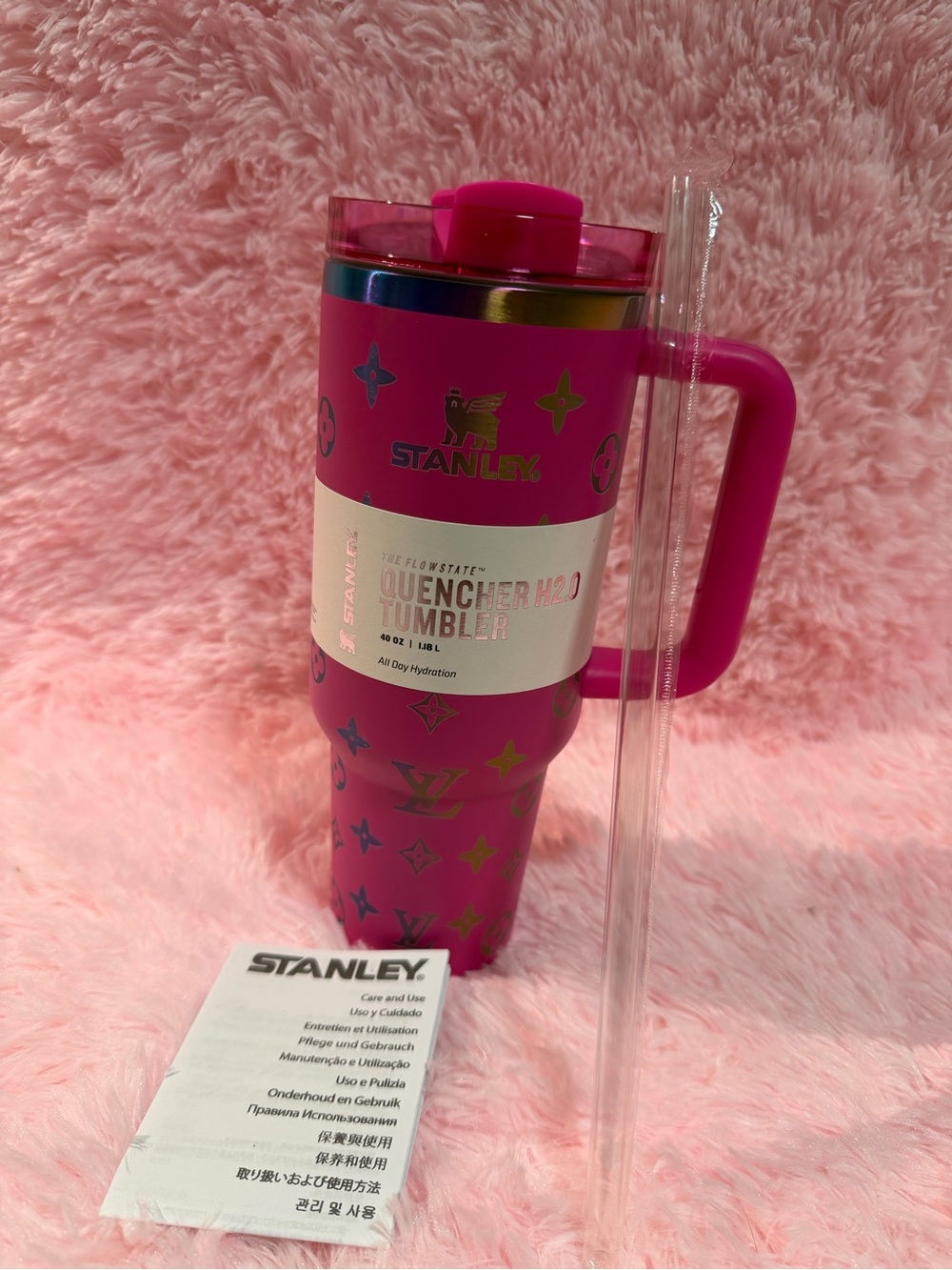 Travel Mug on Pink Fur Backdrop